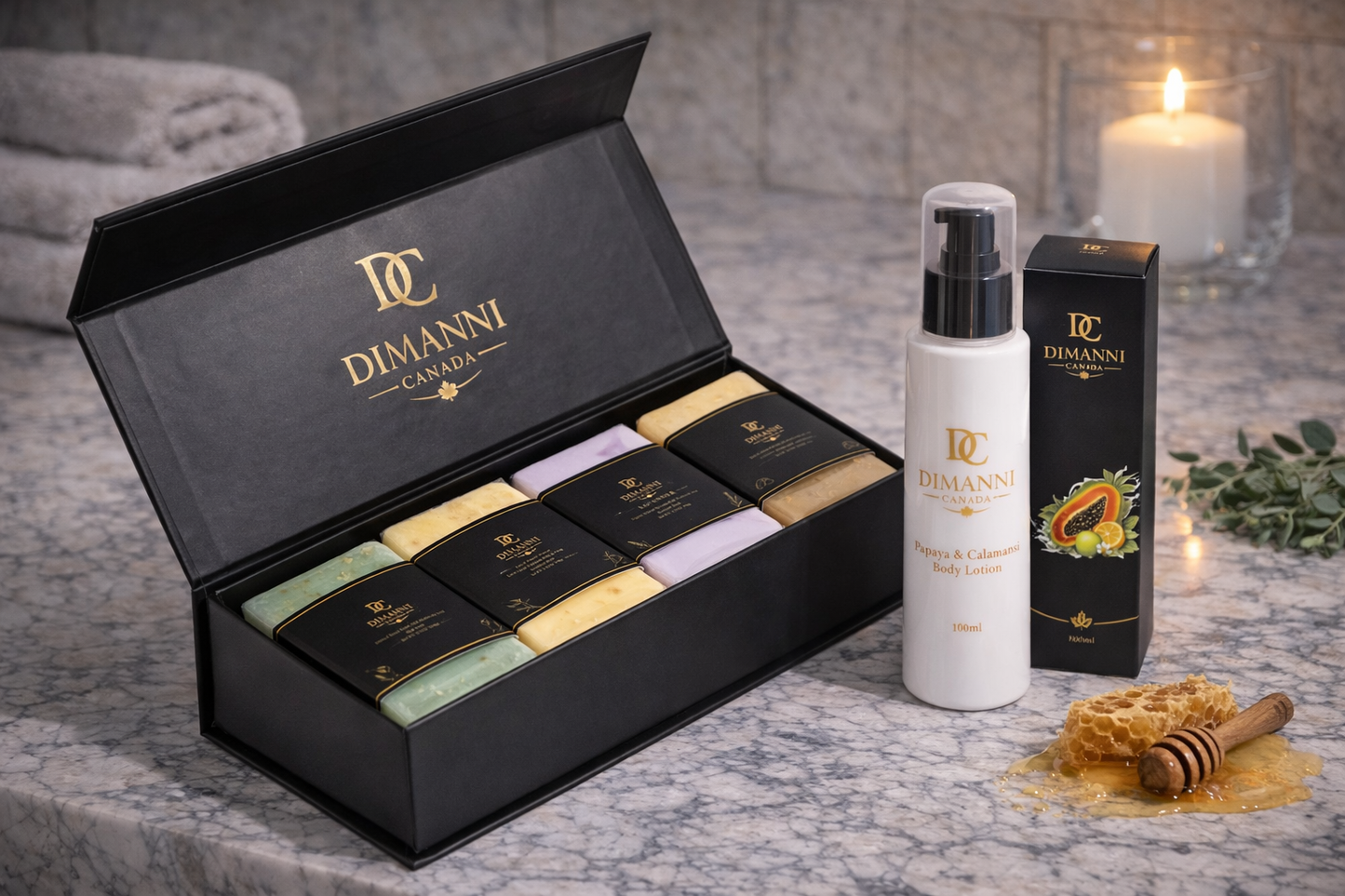 DIMANNI CANADA Daily ritual set  4 Natural Soaps + Papaya & Calamansi Body Lotion